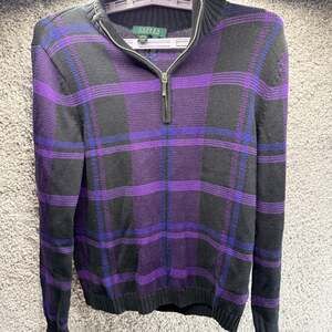Lauren Ralph Lauren Women's Purple and Black Plaid Quarter-Zip Sweater
